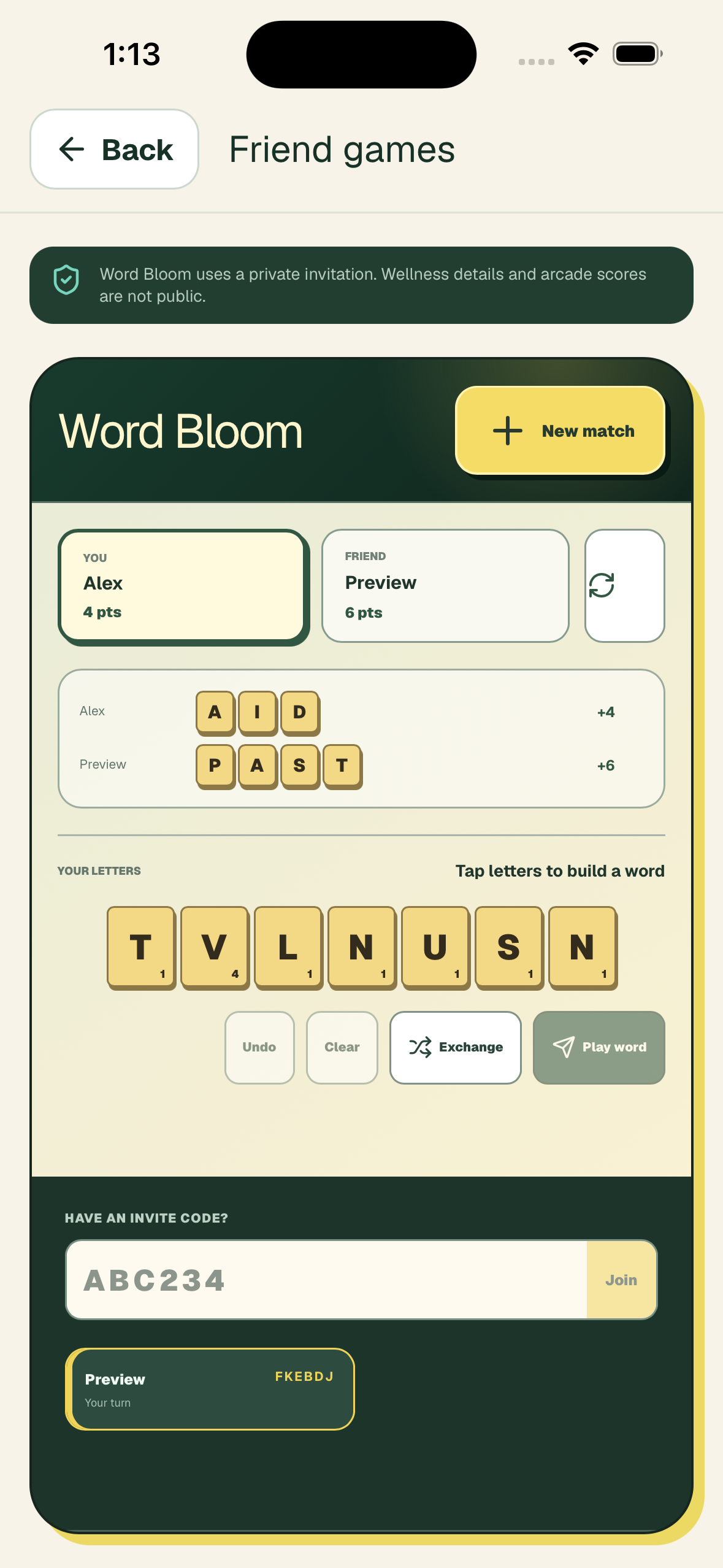 Word Bloom word game in Buddie with a letter board and score