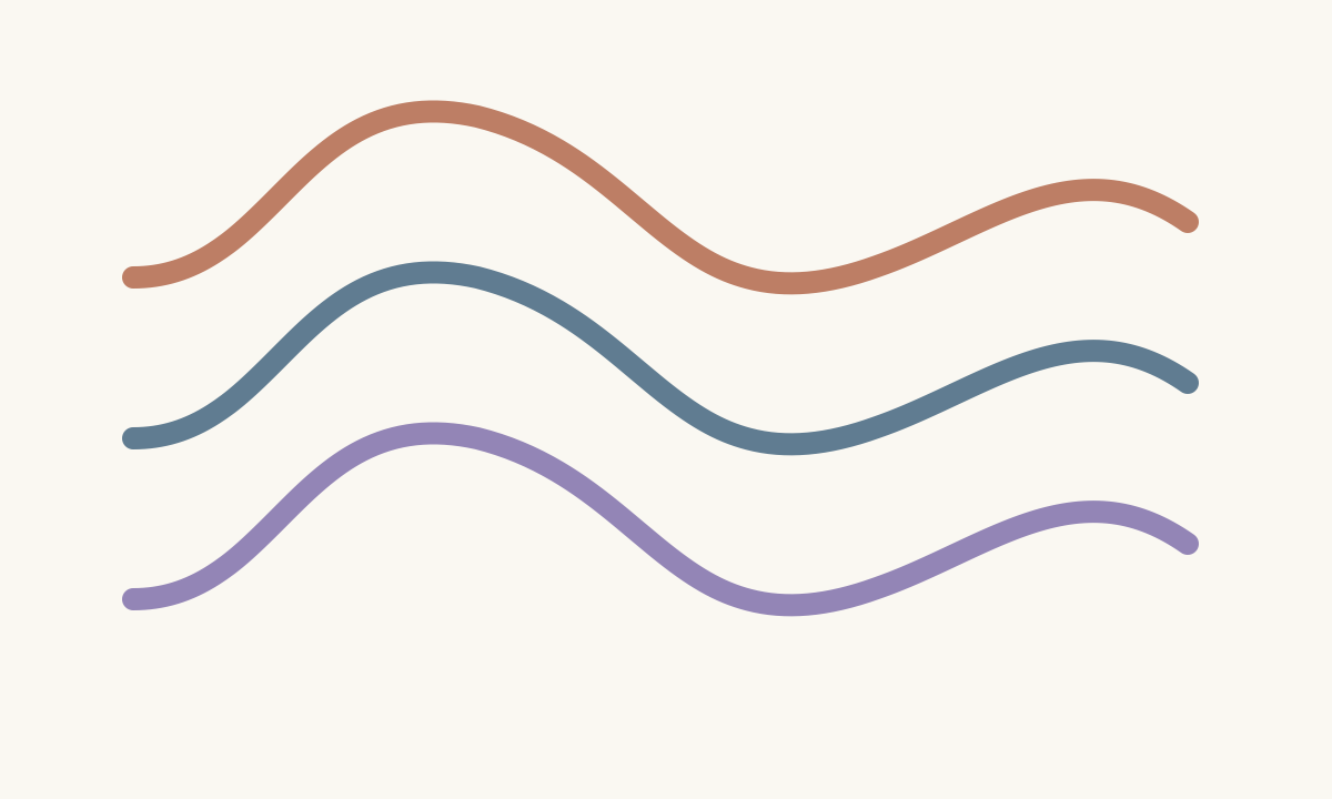 Three colored curves on warm white paper