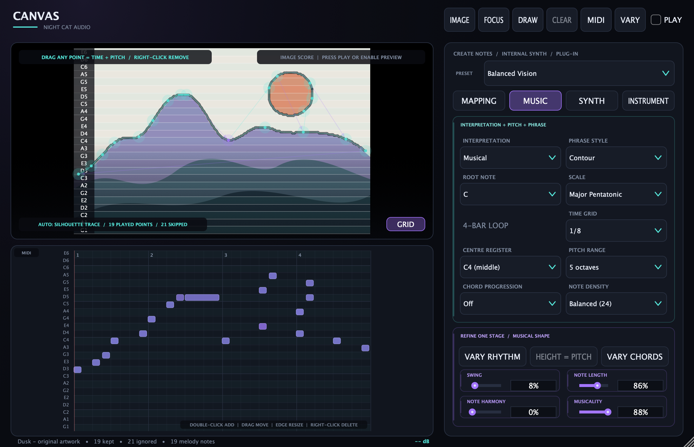 Canvas interpreting the outline of an original mountain illustration as MIDI