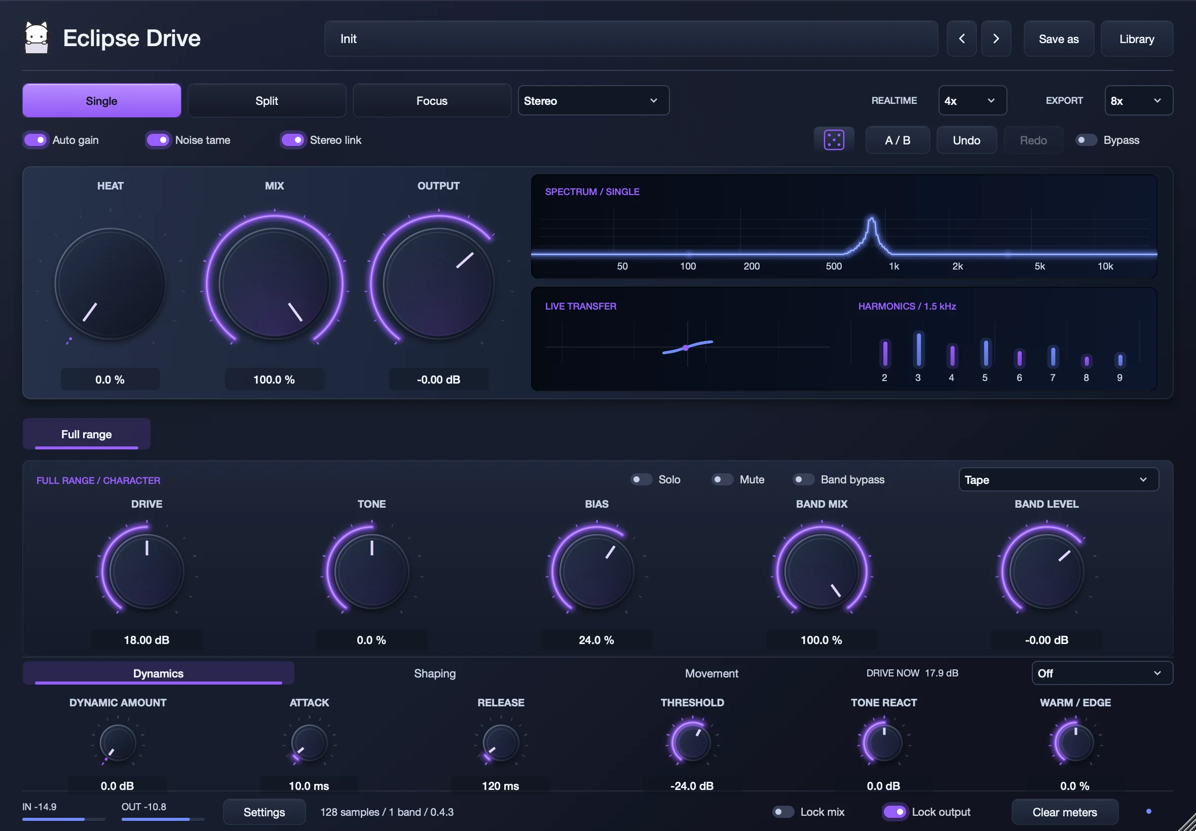 Eclipse Drive in Single mode on Tape, with the live transfer curve and harmonics display