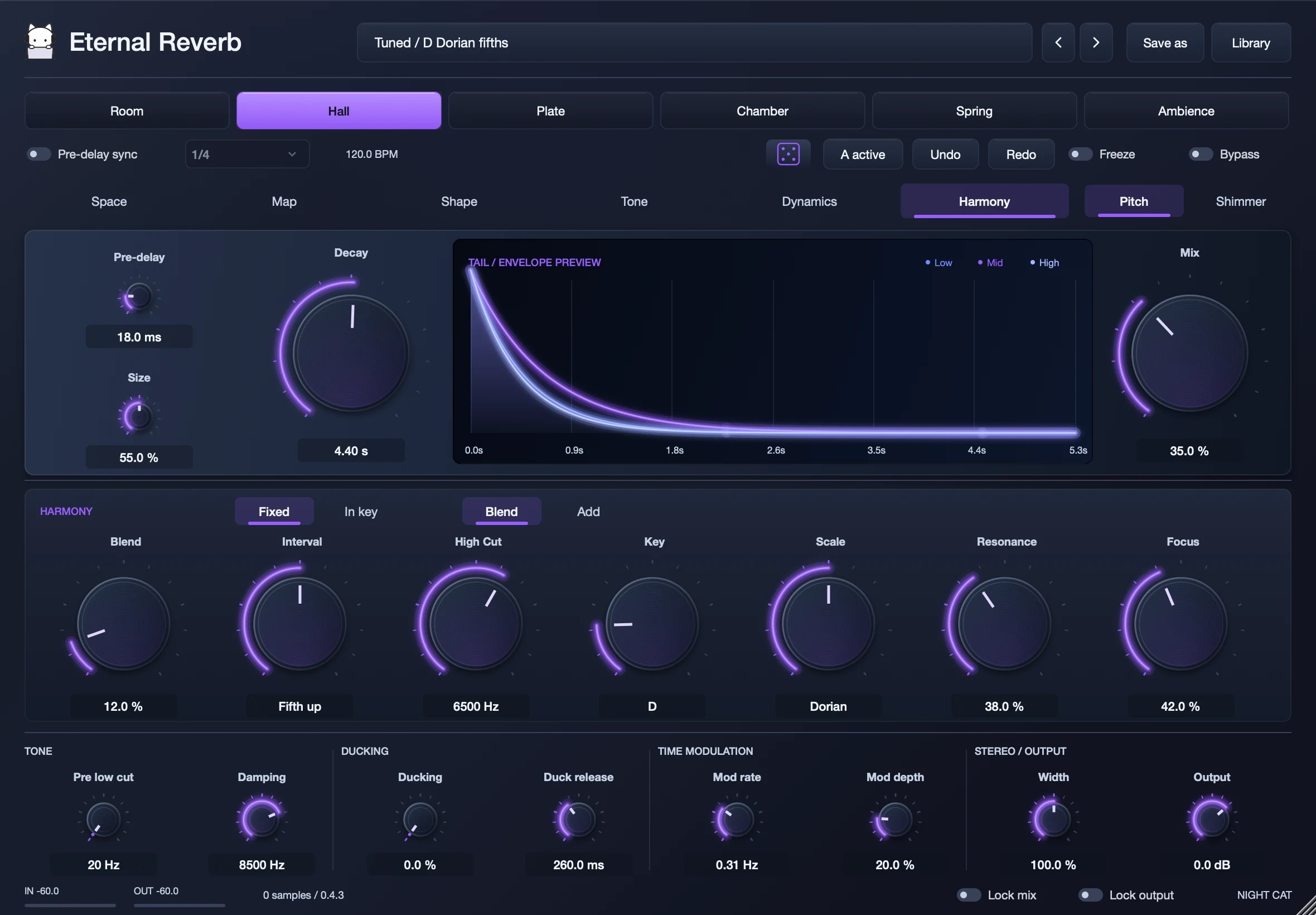 Eternal Reverb’s Harmony page tuned to D Dorian with a fifth up