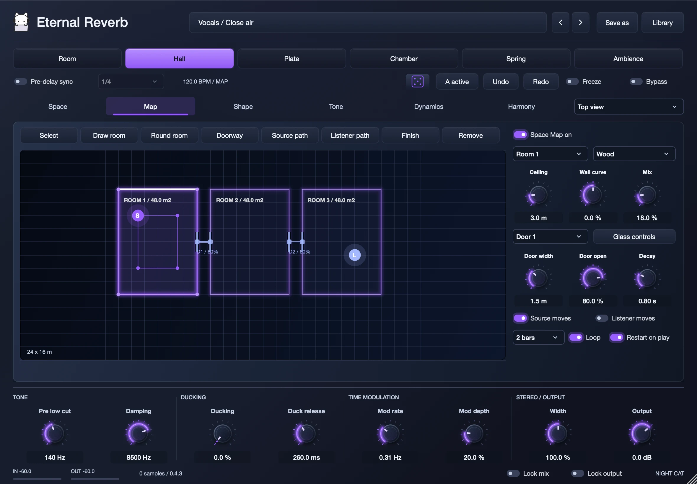 Eternal Reverb’s Space Map with three connected rooms, doorways, a source, and a listener