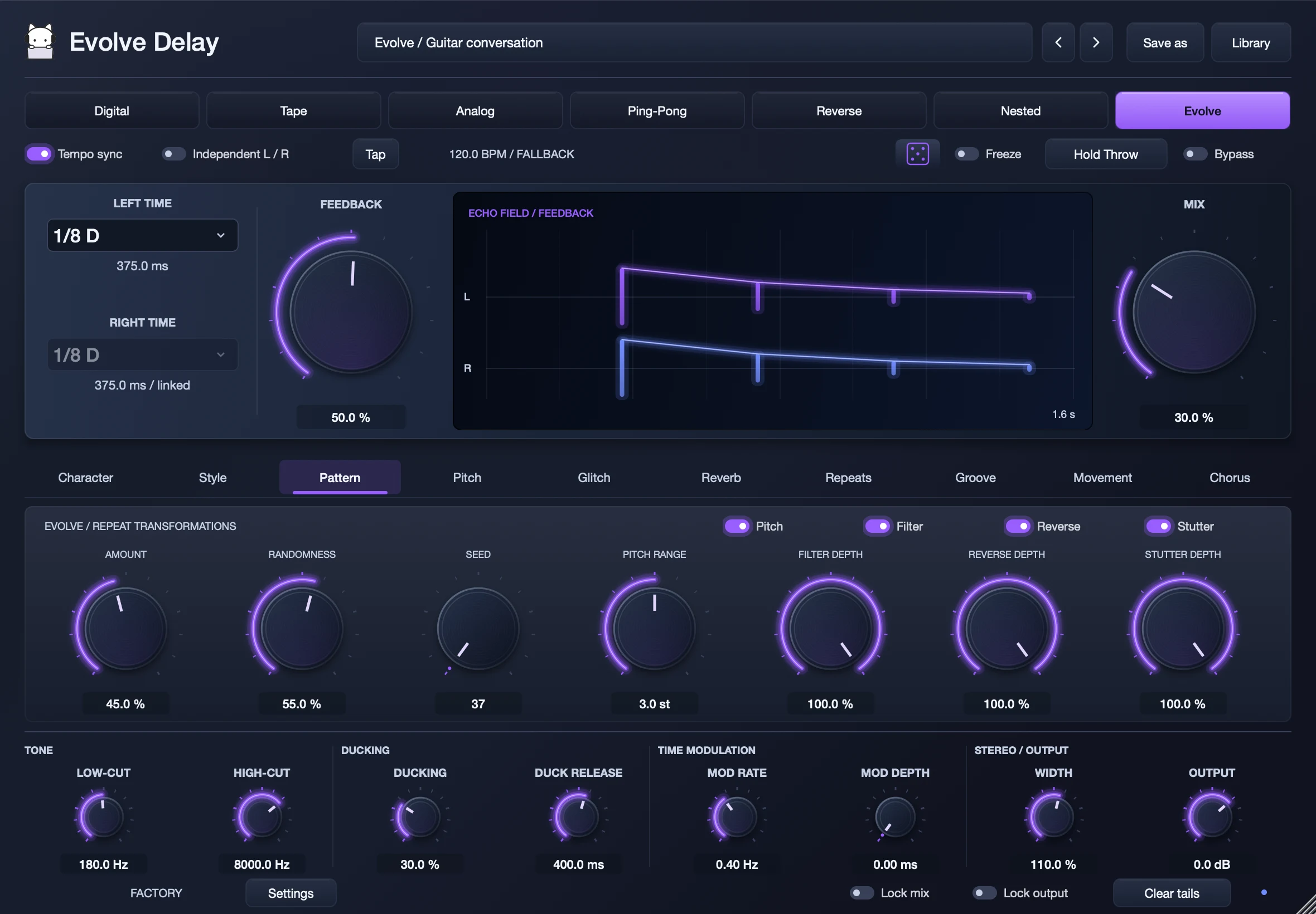Evolve Delay in Evolve mode, with the echo field and repeat transformation controls