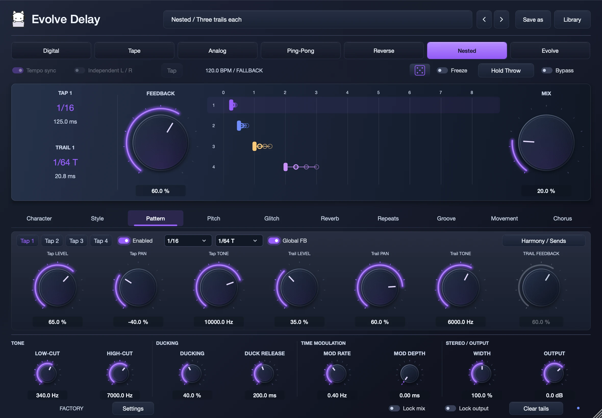 Evolve Delay in Nested Trails mode, with four taps and their trails on a timeline