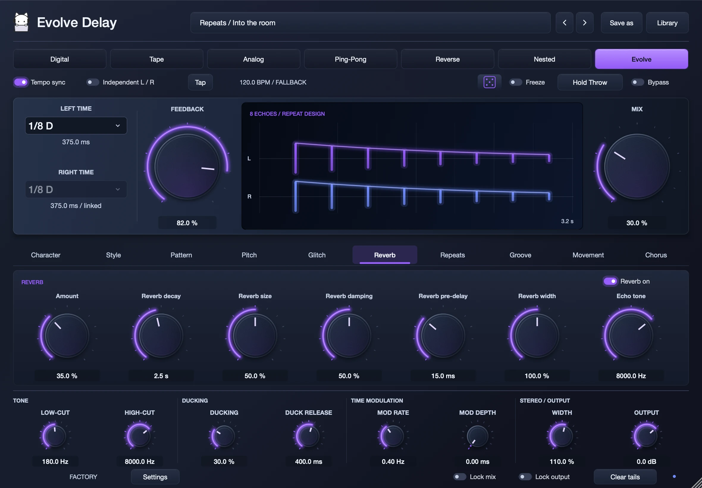 Evolve Delay with its reverb page open