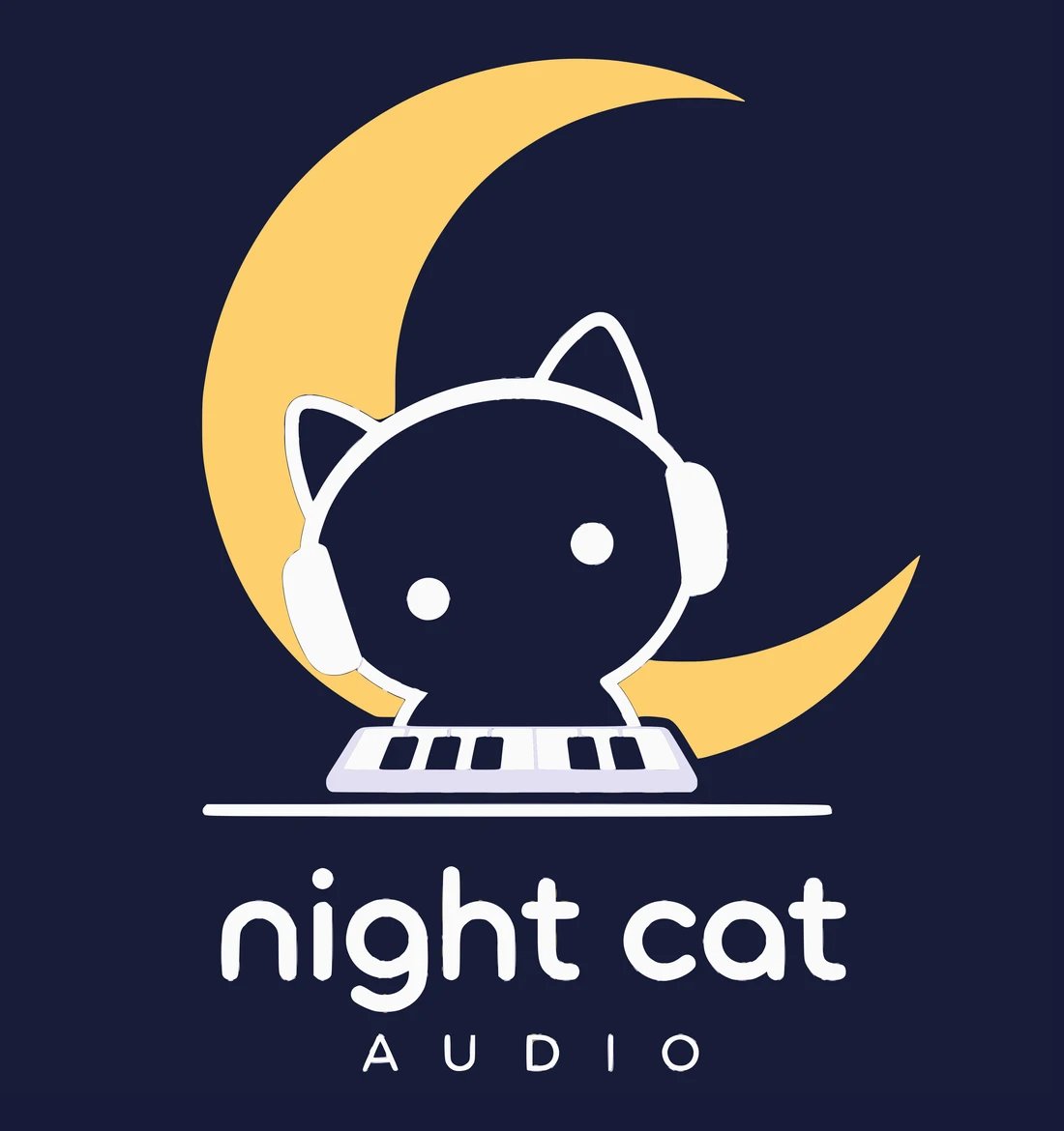Night Cat Audio: the night cat in headphones at a keyboard in front of a golden crescent moon
