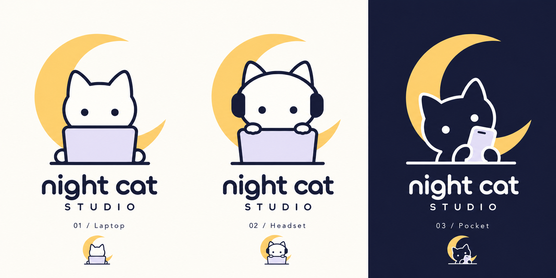Night Cat Studio’s cat with a phone in front of a golden crescent moon